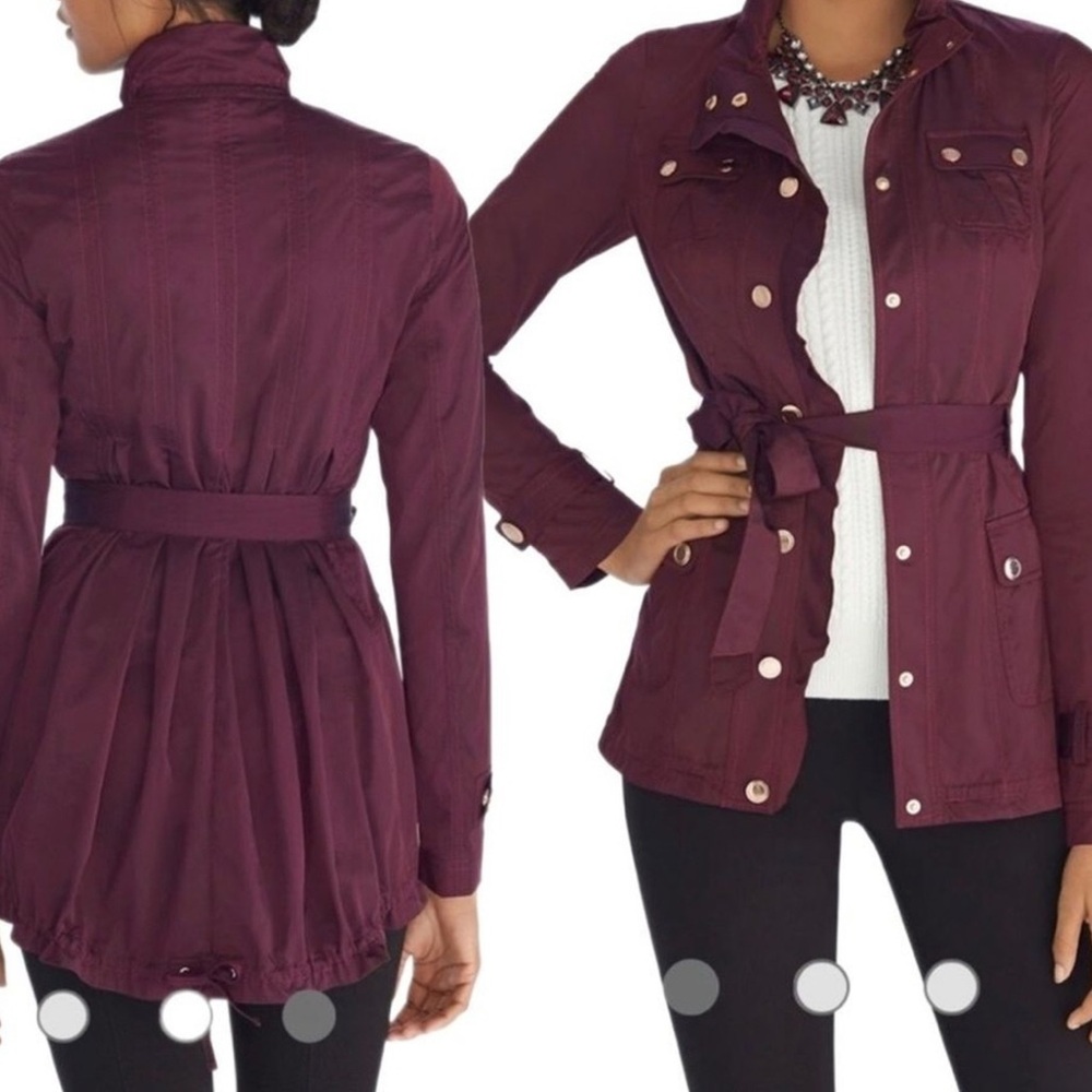 White House Black Market Burgundy Belted Ruffle Twill Parka Jacket SZ L